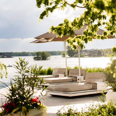 Lake front swimming pool and patio