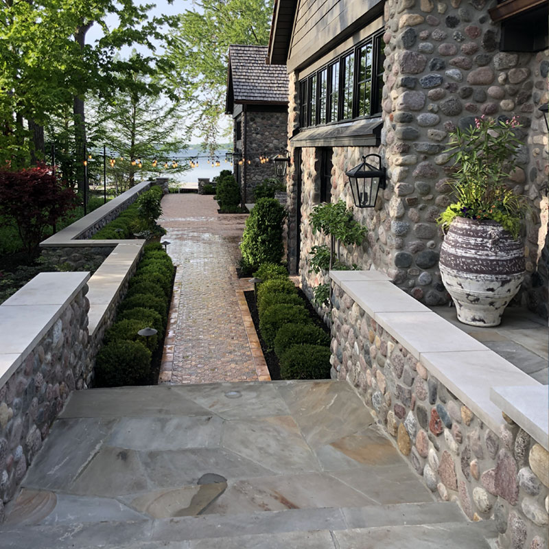 Stone stairs and custom paver walkway